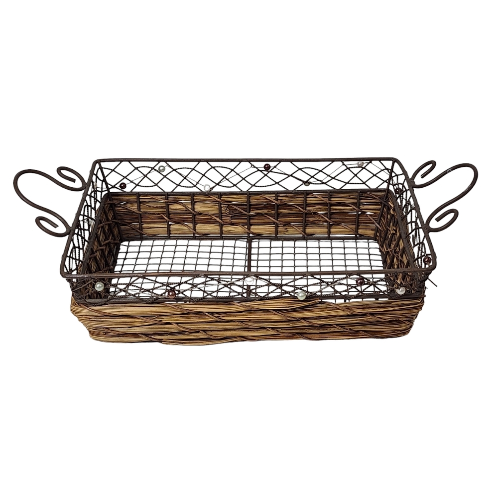 Rustic Rectangular‎ Woven Wicker Basket With Wire Handles and Frame